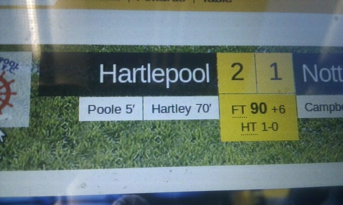 Scoresheet for Hartlepool shows their goals being scored by Poole and Hartley
