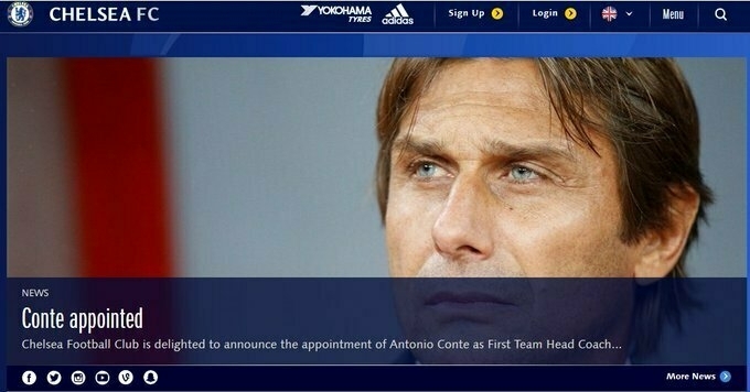 Auto-generated description: Chelsea FC announces the appointment of Antonio Conte as First Team Head Coach on their website.