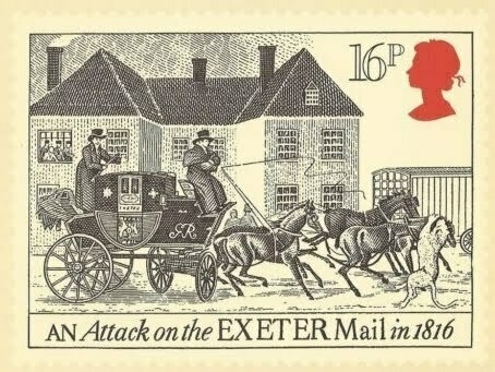 Auto-generated description: A vintage-style stamp depicts an 1816 stagecoach robbery with horses, a driver, and a coachman holding a rifle in front of a large building, alongside a silhouette and the value 16p.