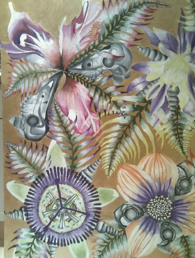 A vibrant painting featuring flowers interwoven with skulls and fern-like leaves on a golden background.