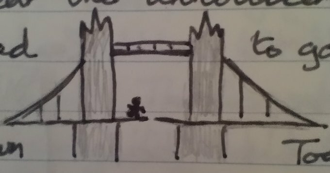 Auto-generated description: A simple drawing depicts a stylized bridge with two towers and a figure walking across it.