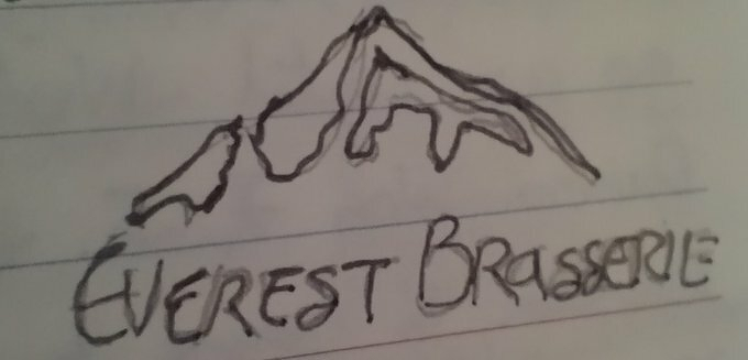 Auto-generated description: A hand-drawn outline of a mountain is above the text EVEREST BRASSERIE written on lined paper.