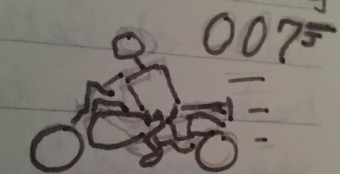 Auto-generated description: A simple line drawing sketched on paper shows a person riding a motorcycle with the numbers 007 written above.