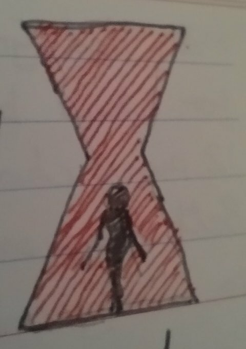 Auto-generated description: A silhouette of a person is inside a red hourglass-shaped drawing with diagonal lines.