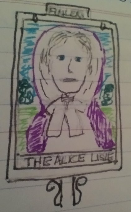 Auto-generated description: A hand-drawn portrait of a person with a headscarf is labeled THE ALICE LISLE with decorative elements and trees in the background.