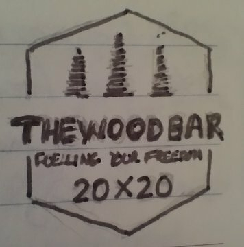 Auto-generated description: A sketched logo features three trees above the text THE WOOD BAR, with FUELLING OUR FREEDOM and 20x20 beneath.