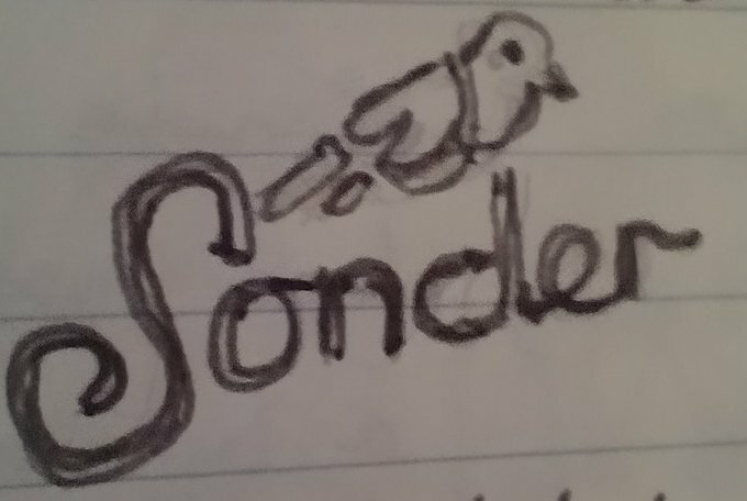 Auto-generated description: A drawing features the word Sonder written in cursive with a simple bird sketch above it.