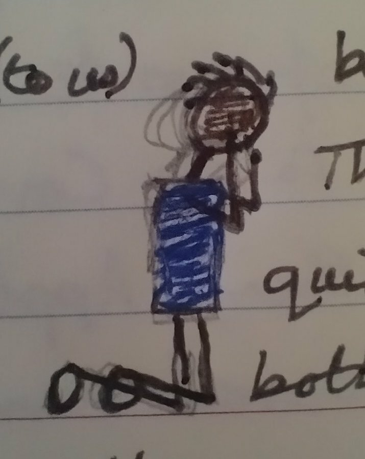 Auto-generated description: A child-like drawing depicts a person kneeling and praying on a piece of paper with handwriting around it.