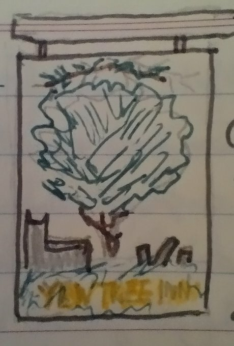 Auto-generated description: A simplified drawing depicts a tree with a dark silhouette of buildings in the background and an illegible text beneath.