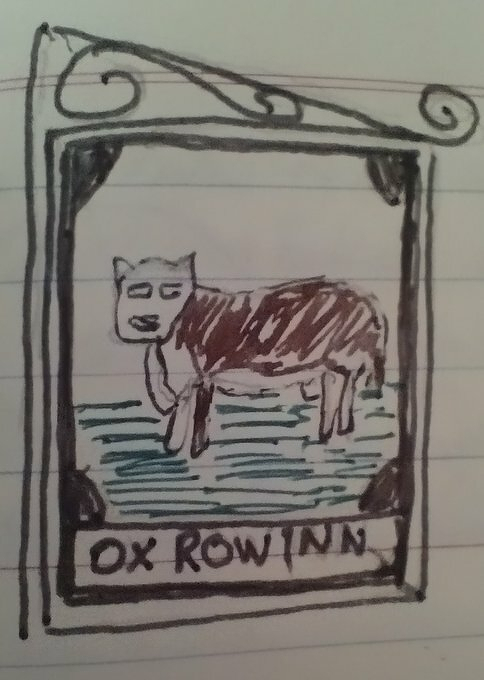 Auto-generated description: A hand-drawn sign depicts an ox with the text OX ROW INN beneath it.