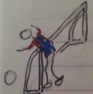 Auto-generated description: A stick figure wearing a red and blue outfit is performing a bicycle kick near a soccer goal.
