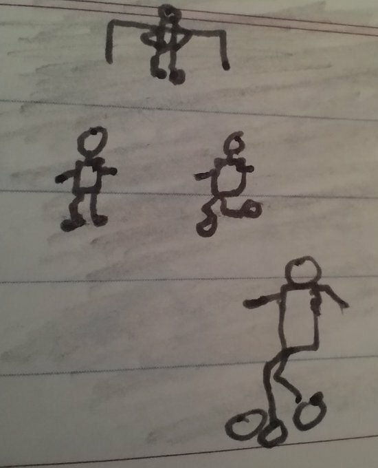 Auto-generated description: A simple drawing shows three stick figures on a lined background, with one figure in a goal-like structure and two figures appearing to interact with a ball.